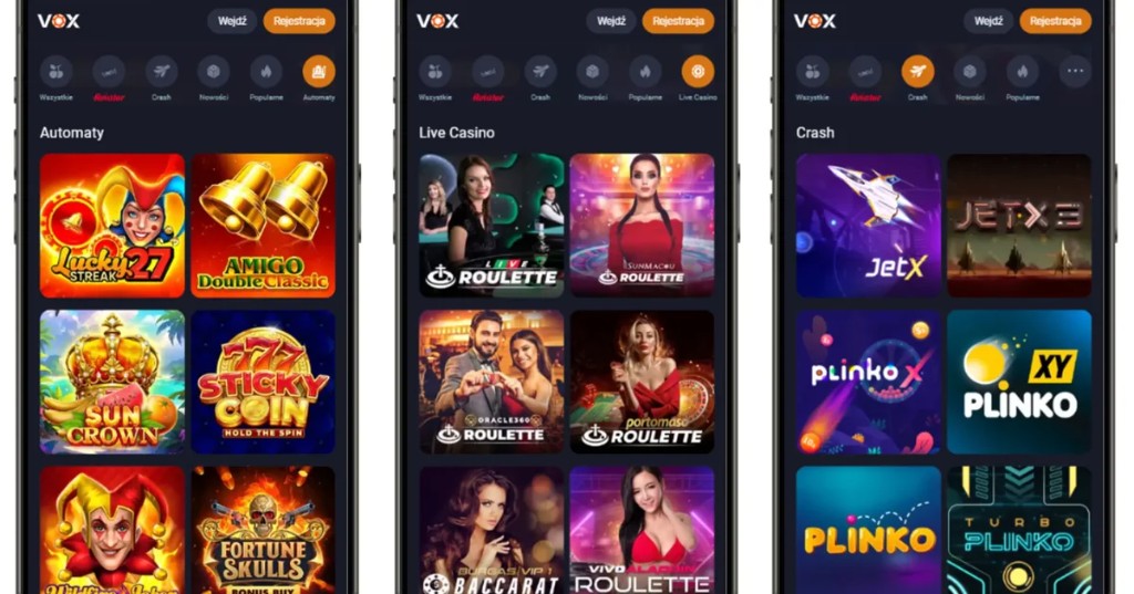 Podgląd mobilnego lobby VOX Casino: automaty, live casino i crash